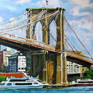 Brooklyn Bridge Painting, Living Room Decor.  Bridge Art,  South Street Seaport, Gwen Meyerson