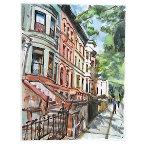 Brooklyn Brownstone watercolor. Park Slope Neighborhood. Prospect Heights Painting.  Gwen Meyerson