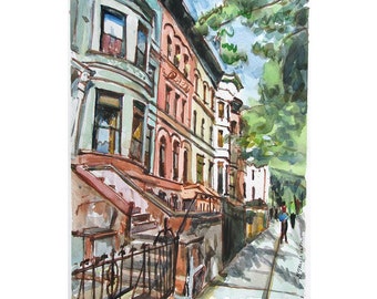 May include: Watercolour painting of a row of colourful townhouses with a green tree in the foreground. The houses are painted in shades of blue, pink, and yellow. The painting is done in a loose, impressionistic style.