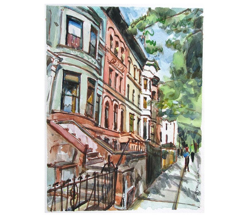 Brooklyn Brownstone watercolor. Park Slope Neighborhood. Prospect Heights Painting. Gwen Meyerson image 1