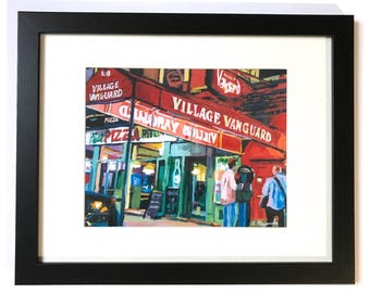 Village Vanguard Greenwich Village Night Jazz Music, jazz club, NYC Print, Framed Wood New York Cityscape Painting by Gwen Meyerson