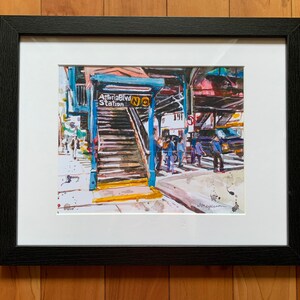 Astoria Queens NYC Watercolor Painting Subway Art LIC Train Stop by Gwen Meyerson 8x10/blk wood frame