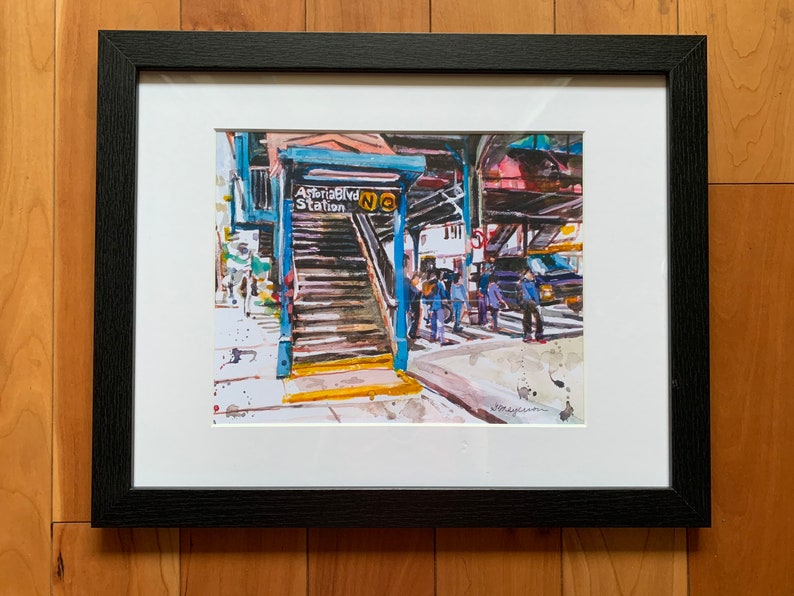 Astoria Queens NYC Watercolor Painting Subway Art LIC Train Stop by Gwen Meyerson 8x10/blk wood frame