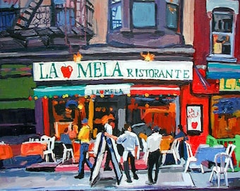 NYC Painting. Cafe Painting, La Mela,  Little Italy NYC Art. Square Wall Decor Print, Living Room Decor Urban Cityscape painting