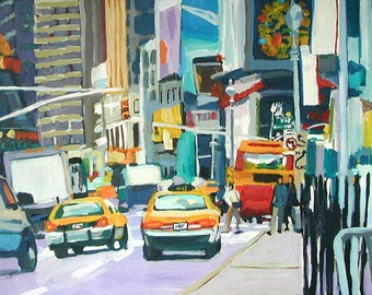 New York Art. NYC Painting. Broadway Times Square. Living Room Decor. Taxi Cabs Cityscape Painting by Gwen Meyerson