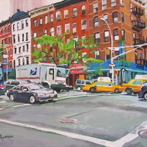 Hell&#39;s Kitchen NYC Art Print: Red Buildings, Cityscape Painting