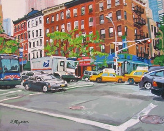 New York City Wall Art, NYC Painting.  Hell's Kitchen Print, Home Decor. Red Buildings by Gwen Meyerson