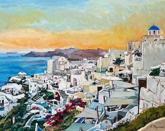 Santorini Greece, Fine Art Print of Oia. Original Painting Art Print. Travel Art, Greek Islands "Oia Santorini At Dusk"  Gwen Meyerson