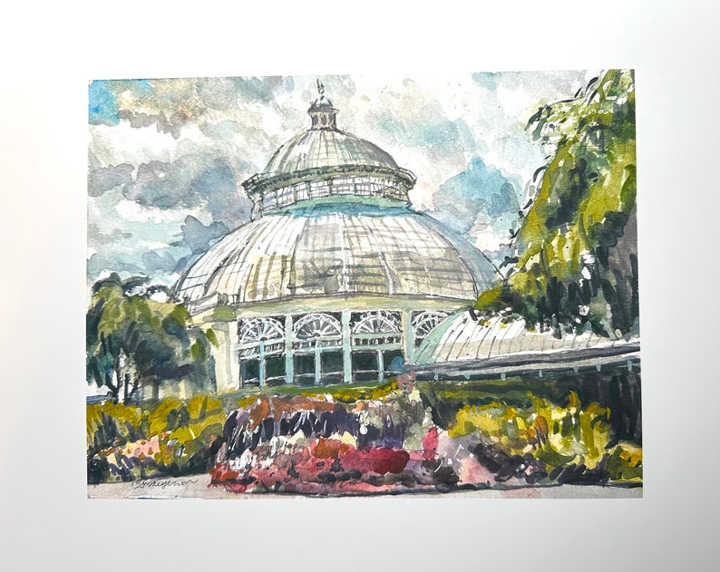 Impression aquarelle jardins botaniques de New York, décoration de salon. NYBG Haupt Conservatory, The Bronx Art, Gwen Meyerson image 10