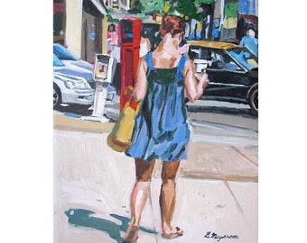 Girl In Blue Dress Street Scene Painting New York Art Print 8x10 City Girl  Figurative Painting by Gwen Meyerson