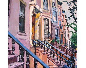 Brooklyn Painting, NYC Wall Art, Living Room Decor. Brownstones Square Art Print Park Slope Cityscape Gwen Meyerson