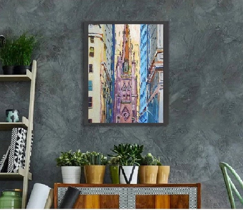 NYC Painting of Trinity Church, Wall Street, Lower Manhattan Art. Living Room Decor. Painting by Gwen Meyerson image 2