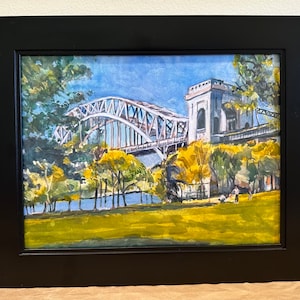 Hell Gate Bridge Astoria Queens NYC Print of Watercolor Painting by Gwen Meyerson 9x12 in black frame