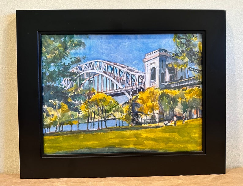 Hell Gate Bridge Astoria Queens NYC Print of Watercolor Painting by Gwen Meyerson 9x12 in black frame