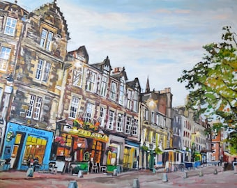 May include: A painting of a street scene in Edinburgh, Scotland. The buildings are made of stone and have a variety of shops on the ground floor, including a cafe called "Cafe Jacques" and a pub called "Wex & Roll Inn". There are trees on the sidewalk and people walking by.
