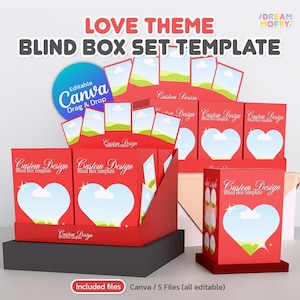 Puede incluir: Un conjunto de plantillas de cajas ciegas rojas con temática de amor. Las cajas presentan diseños de corazón y el texto "Custom Design Blind Box template". El conjunto incluye un expositor y el texto "Canva Drag & Drop".