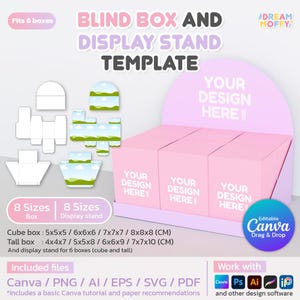 Mittlere Blind Box und Display Stand Box Canva Template Bearbeitbare DIY Überraschungsgeschenkbox für Ihn