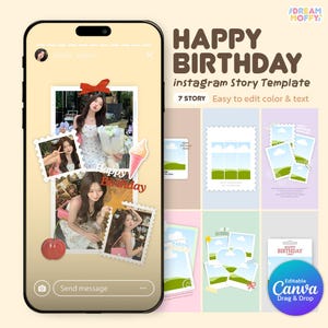以下が含まれることがあります： スマートフォンに表示される、Happy BirthdayのInstagramストーリーテンプレート。テンプレートには写真、テキスト、グラフィックが含まれています。デザインは、画像のコラージュ、アイスクリーム、そして「Happy Birthday」の文字が特徴です。テンプレートは編集とカスタマイズが簡単です。