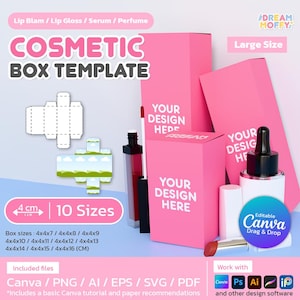 以下が含まれることがあります： 「COSMETIC BOX TEMPLATE」の文字が入ったピンク色の化粧品箱テンプレート。箱の図、様々な化粧品、そして「YOUR DESIGN HERE」の文字が含まれています。箱のサイズはセンチメートル単位です。