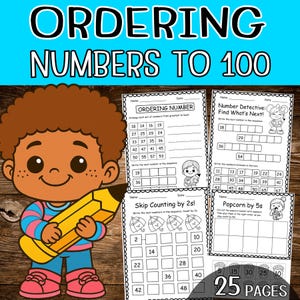 以下が含まれることがあります： 「ORDERING NUMBERS TO 100」というタイトルの教育用ワークシートセット。鉛筆を持った漫画の子供が特徴です。ワークシートには、数字の並べ替え、スキップカウント、数字のシーケンスアクティビティが含まれています。セットには25ページが含まれています。