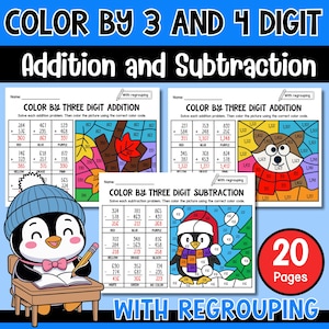 Könnte beinhalten: Lehrreiche, druckbare Arbeitsblätter für Kinder. Das Bild zeigt "Color by 3 and 4 Digit Addition and Subtraction" mit einem niedlichen Pinguin-Charakter und farbcodierten Mathe-Aufgaben. Enthält 20 Seiten mit Aktivitäten.