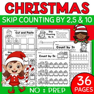 Könnte beinhalten: Weihnachtliche Arbeitsblätter zum Zählen in 2er-, 5er- und 10er-Schritten. Das Bild zeigt einen festlichen Elf, eine Zuckerstange und verschiedene Zählübungen. Der Text enthält "Ausschneiden und Einfügen" und "Zählen nach 5er-Schritten". Die Arbeitsblätter umfassen 36 Seiten.