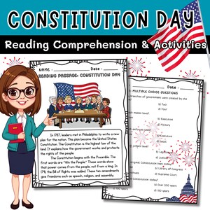 Op de afbeelding: Een educatieve bron voor Constitution Day met leesbegrip en activiteiten. De afbeelding toont een cartoon van een vrouw die wijst naar een leestekst over de Amerikaanse grondwet, met meerkeuzevragen en Amerikaanse vlaggen.