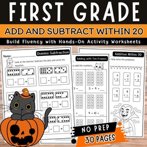 May include: Black and white worksheets for first grade math, focusing on addition and subtraction within 20. Includes domino subtraction, addition with ten frames, and other hands-on activities. Features Halloween-themed illustrations.