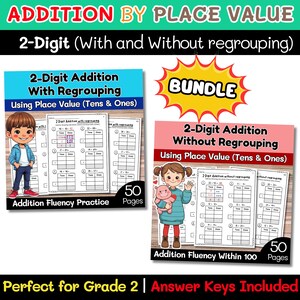 May include: Educational bundle for Grade 2 students. Includes 2-Digit Addition with and without regrouping practice. Each workbook contains 50 pages of addition fluency exercises using place value (tens & ones). Answer keys are included.