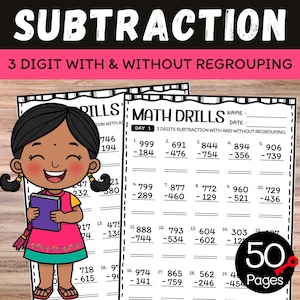 Puede incluir: Hojas de trabajo educativas de matemáticas para la resta con y sin reagrupación. La imagen presenta a una niña de dibujos animados sonriente sosteniendo un libro morado, con problemas de matemáticas y el texto "SUBTRACTION" y "MATH DRILLS". Incluye 50 páginas.