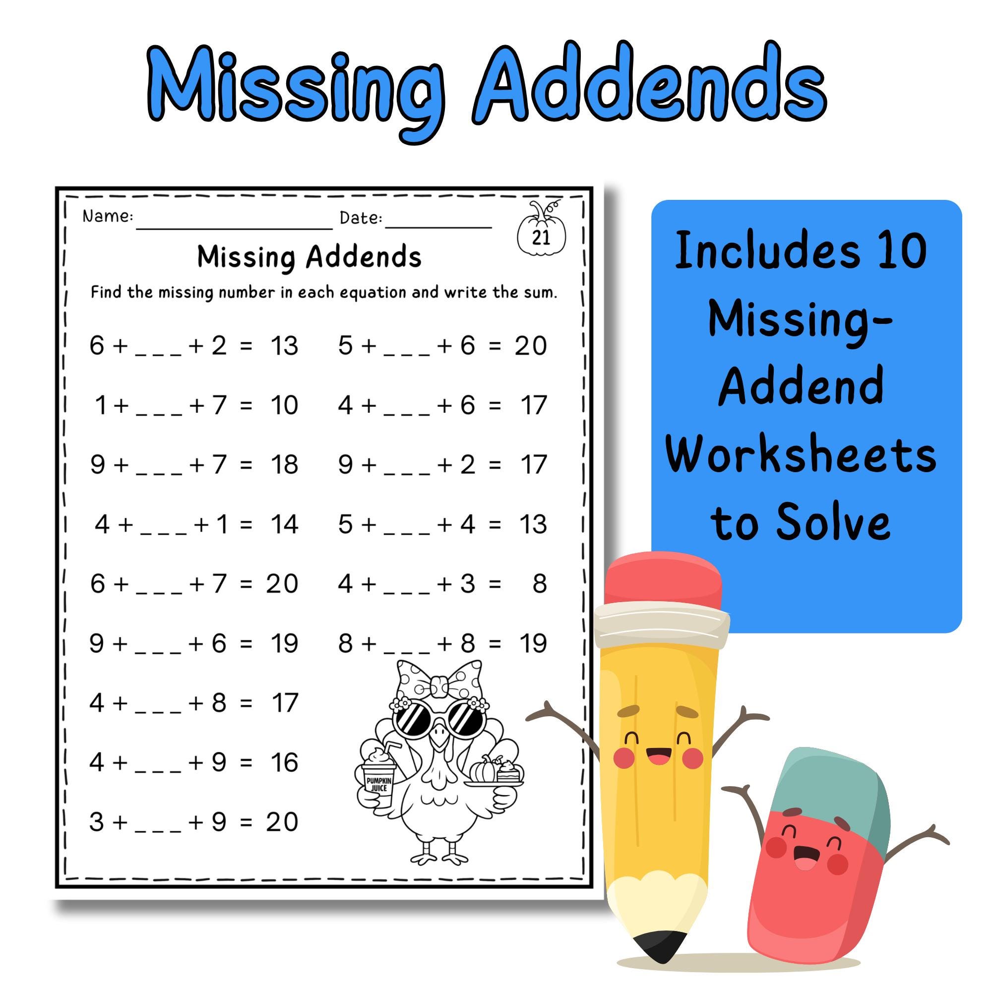 1st Grade Addition Worksheets | Number Line, Ten Frames (PDF) - Etsy