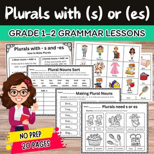 May include: Educational grammar lesson worksheets for grades 1-2, focusing on plural nouns. The image features a smiling cartoon teacher, along with examples of how to make plurals, and exercises to practice adding -s or -es to words. The worksheets are colorful.