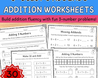 1st Grade Addition Worksheets | Number Line, Ten Frames (PDF)