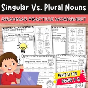 Puede incluir: Hoja de trabajo de gramática en blanco y negro titulada "Singular Vs. Plural Nouns" con ilustraciones y ejercicios para completar. Incluye el texto "Perfect for Grade 1-3".