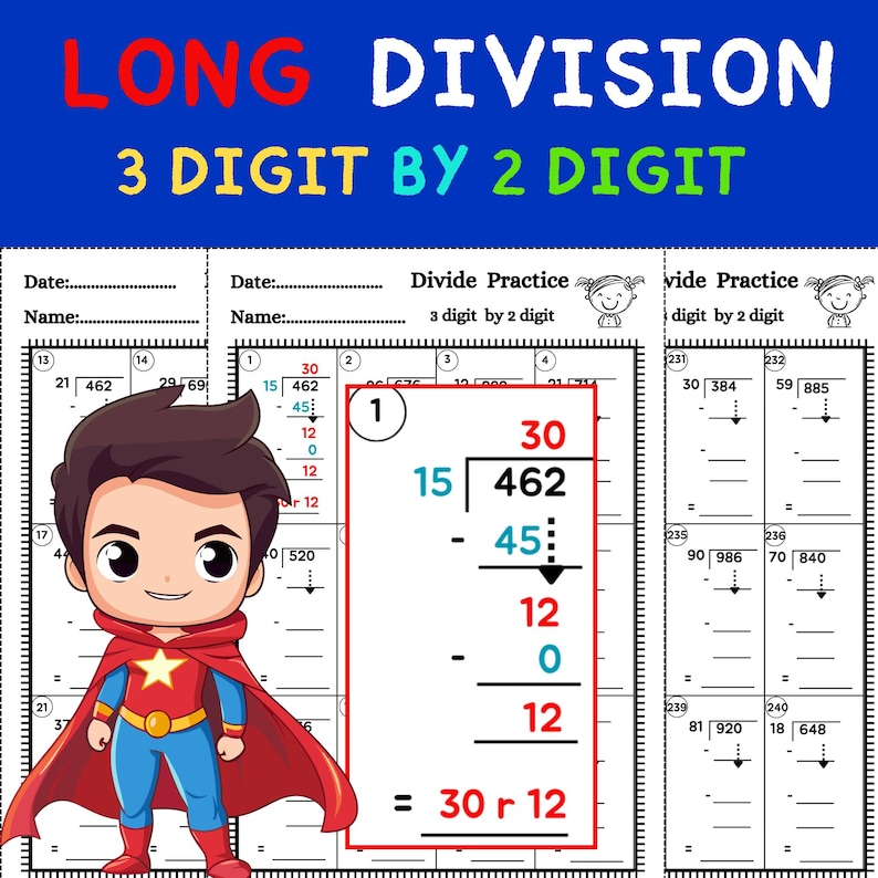 3 Digit by 2 Digit Long Division Worksheets - Differentiated - Etsy