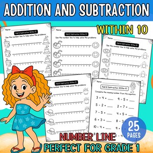 Puede incluir: Hojas de trabajo educativas para la suma y la resta dentro de 10, con líneas numéricas e ilustraciones de verano. Incluye 25 páginas, perfectas para estudiantes de 1er grado. La imagen también presenta una niña de dibujos animados con un lazo rojo.