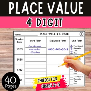 Pode incluir: Uma folha de trabalho intitulada "Place Value 4 Digit" com um cabeçalho rosa e preto. A folha de trabalho inclui uma tabela com colunas para Forma Padrão, Forma de Palavra, Forma Expandida e Forma Unitária. Uma mão segura um lápis, completando a folha de trabalho.