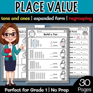 Könnte beinhalten: Lehrblatt mit dem Titel "Place Value" mit Übungen zu "Zehnern und Einern" und "erweiterter Form". Enthält eine Cartoon-Lehrerin und Matheaufgaben für Schüler der 1. Klasse. Das Arbeitsblatt umfasst 30 Seiten und erfordert keine Vorbereitung.