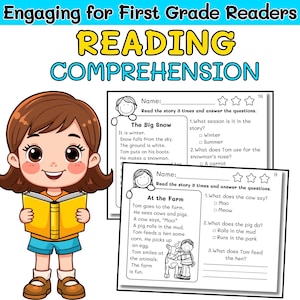May include: A colorful educational worksheet for first-grade readers. The image features a cartoon girl holding a yellow book, with reading comprehension exercises. The text includes stories about winter and a farm, with questions to answer.
