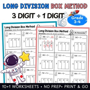 以下が含まれることがあります： 「Long Division Box Method」を使用した、割り算の教育用ワークシート。 3〜4年生向けで、3桁の数字を1桁の数字で割る問題が含まれています。 画像には宇宙飛行士のグラフィックが含まれています。