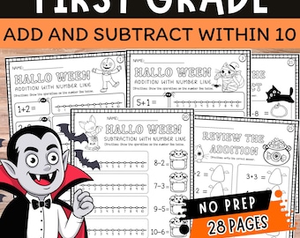 Halloween Math Worksheets | Addition & Subtraction within 10 using Number Line | Grade 1