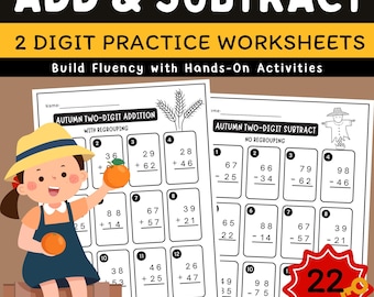 Autumn 2-Digit Addition and Subtraction Worksheets | With & Without Regrouping | Grade 2–3