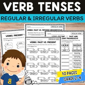 May include: Educational worksheet set titled "VERB TENSES" with "REGULAR & IRREGULAR VERBS" at the top. The pages include verb exercises for present, past, and progressive tenses. The set is designed for grades 2-4 and includes 10 pages.