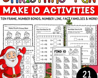 Christmas Make 10 Worksheets | Partners of 10 Math Activities | Kindergarten & 1st Grade