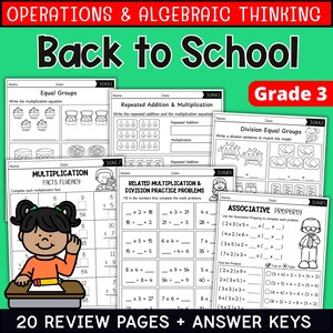 Puede incluir: Una colección de hojas de trabajo de matemáticas tituladas Operations & Algebraic Thinking Back to School Grade 3. Las páginas incluyen ilustraciones en blanco y negro, problemas de multiplicación y división, y un personaje.