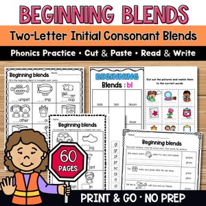 May include: Educational worksheets for phonics, focusing on two-letter initial consonant blends. The image displays various pages with activities like cutting, pasting, reading, and writing. A cartoon character holds a sign that reads "60 pages". The text "Print & Go - No Prep" is also visible.