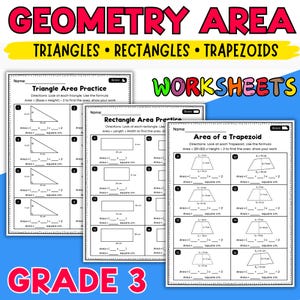 Könnte beinhalten: Arbeitsblätter zur Geometrie der 3. Klasse mit Schwerpunkt auf Dreiecken, Rechtecken und Trapezen. Die Arbeitsblätter enthalten Diagramme und Formeln zur Berechnung der Fläche, mit den Worten "GEOMETRY AREA" und "WORKSHEETS" in großer Schrift.