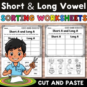 May include: Educational worksheet titled "Short & Long Vowel Sorting Worksheets." The image features two worksheets with a cartoon boy and various images and words. The worksheets are designed for cutting and pasting activities.