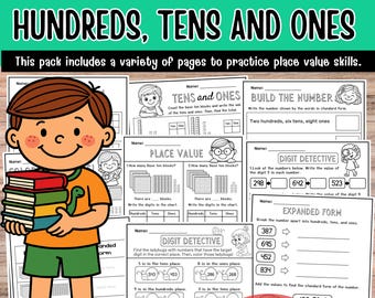 Puede incluir: Paquete de hojas de trabajo educativas para comprender el valor posicional, con centenas, decenas y unidades. Incluye páginas con ejercicios como contar bloques de base diez, detective de dígitos y forma expandida. 40 páginas.