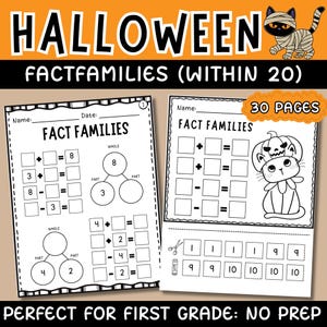 May include: Black and white Halloween-themed worksheets with the text "FACT FAMILIES" and math problems. The image includes a cartoon cat in a pumpkin costume and the text "PERFECT FOR FIRST GRADE: NO PREP".
